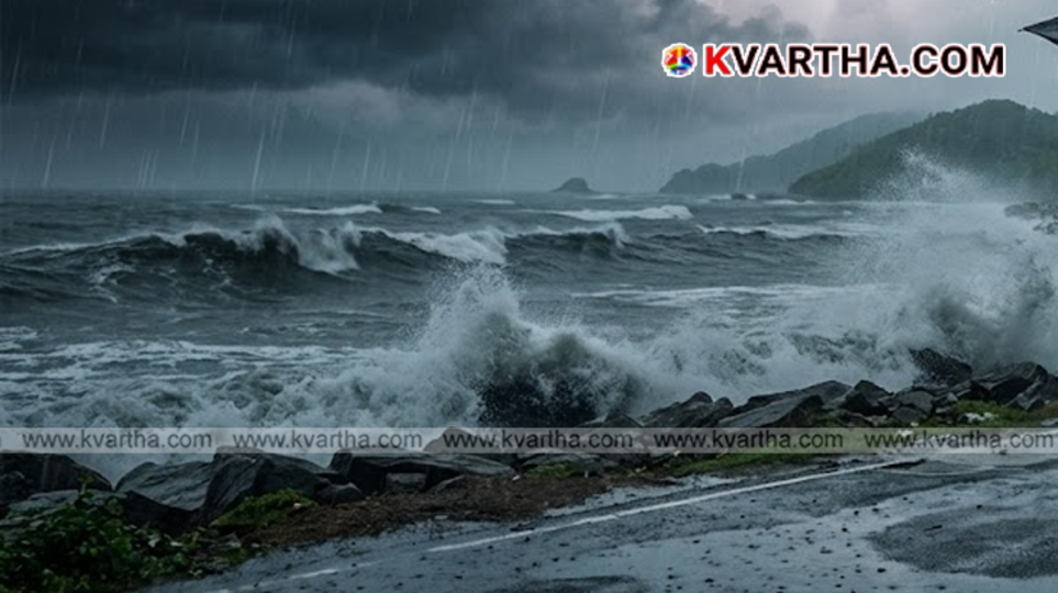 Dark monsoon clouds gathering over the Kerala coast.