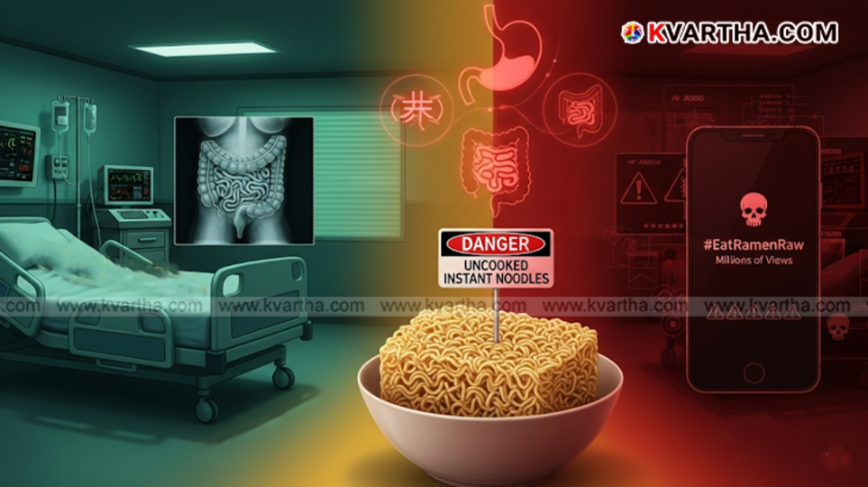 A packet of instant noodles with a warning symbol.