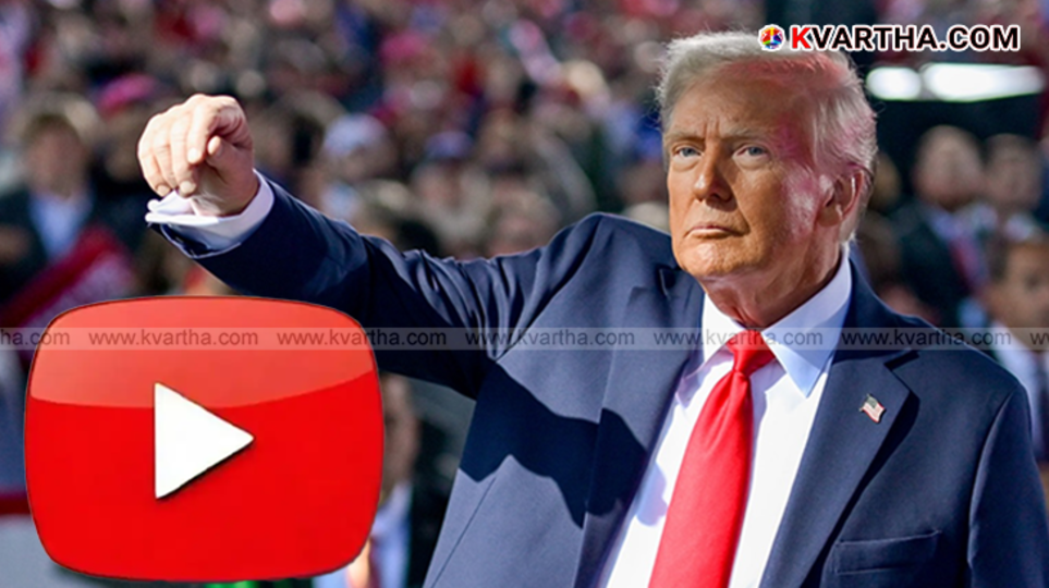 Donald Trump speaking in front of a YouTube logo