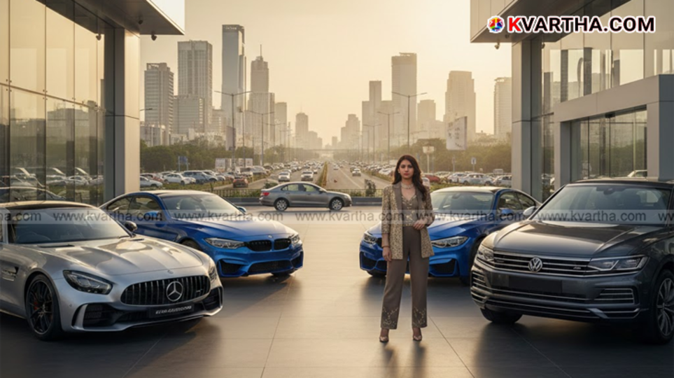 Luxury cars like Mercedes and BMW driving on an Indian road.