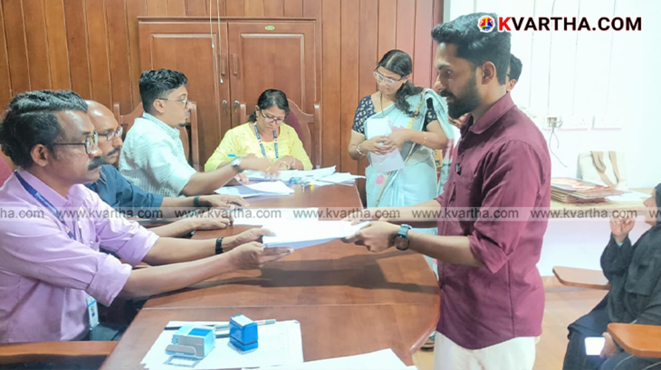 C Vaisakh submitting his nomination paper for the Payyanur local body election.