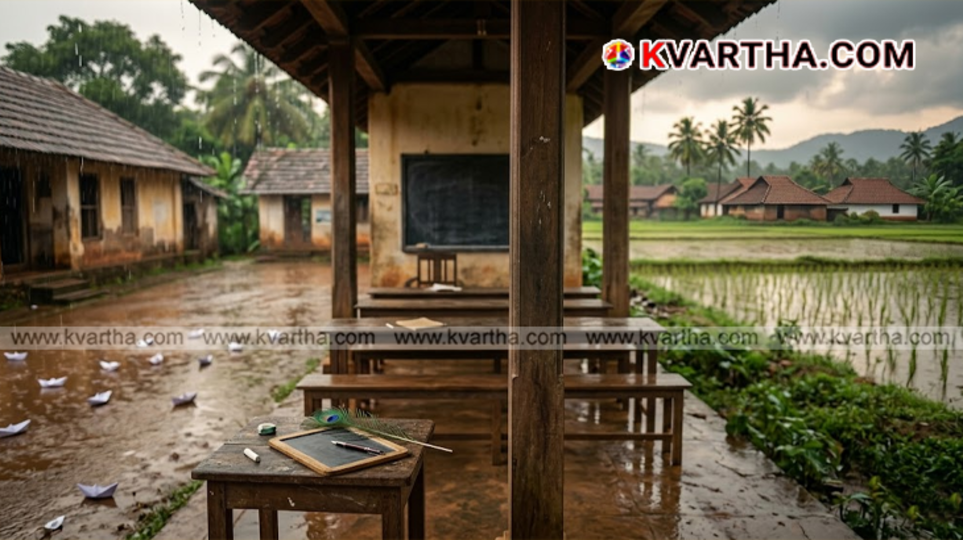 A nostalgic representation of a primary school classroom in Kerala with children sharing pencils and slates.