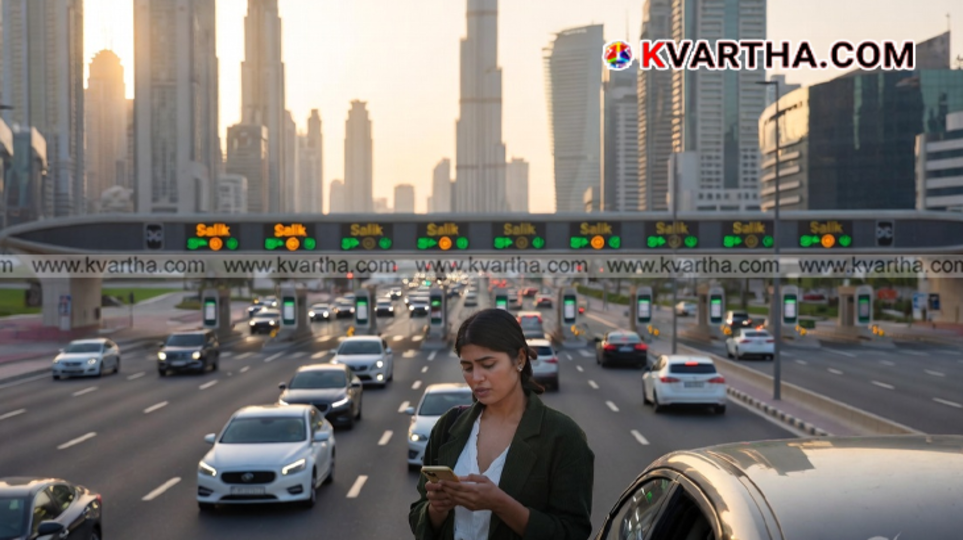 An official public street parking zone with display boards managed by Parkin company along a busy Dubai highway avenue.