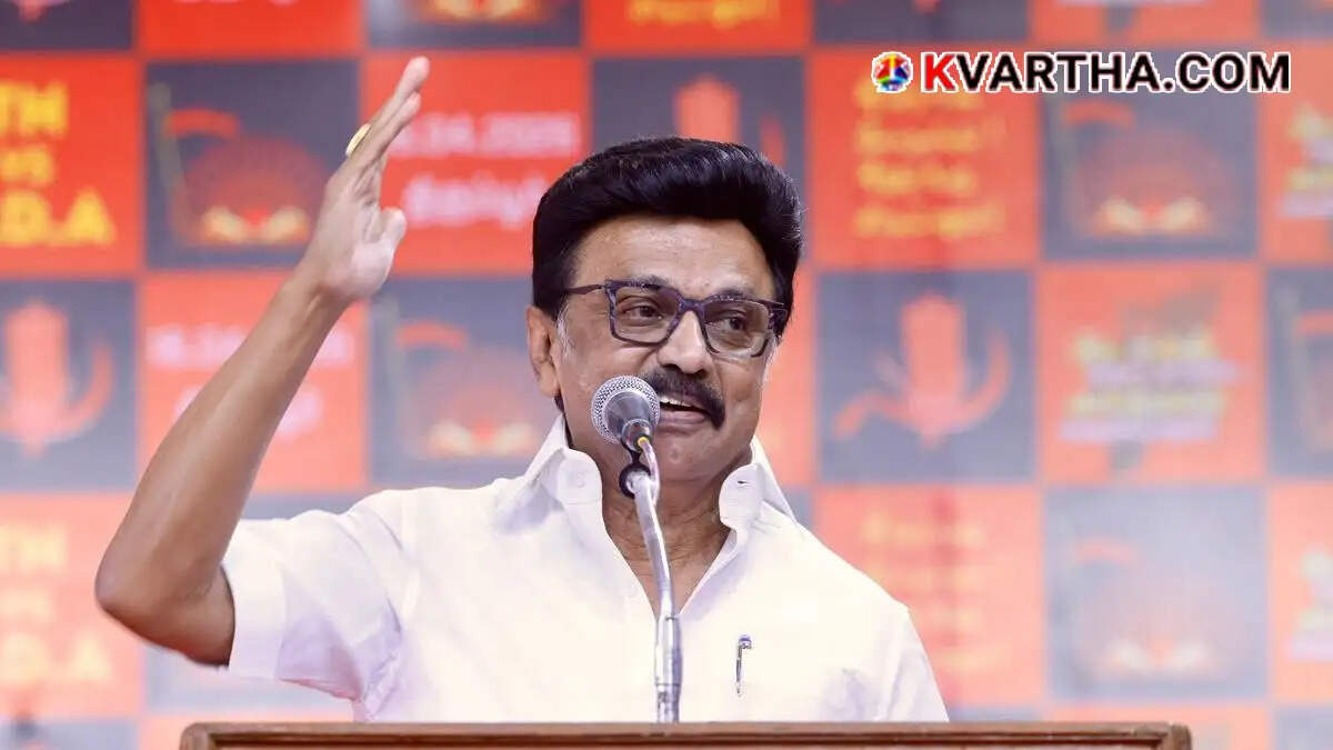DMK President M K Stalin addressing party workers at a political event in Chennai.