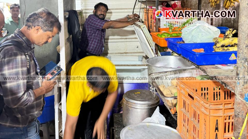 Health inspectors from the Kannur District Health Department team conducting hygiene checks inside a local restaurant kitchen layout.