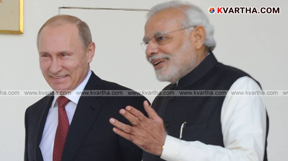 Prime Minister Narendra Modi and Russian President Vladimir Putin shaking hands at a summit.