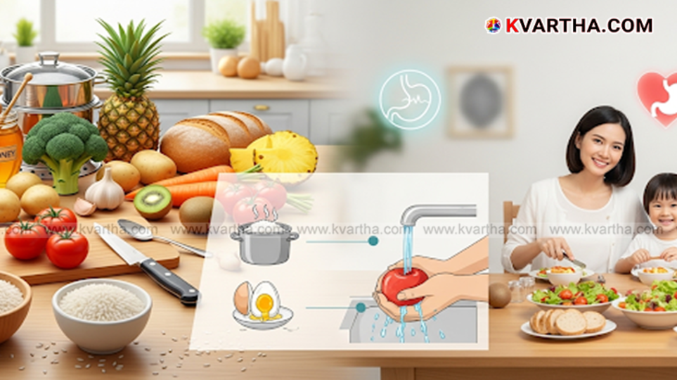 Various healthy foods like fruits, vegetables, and honey arranged on a table.