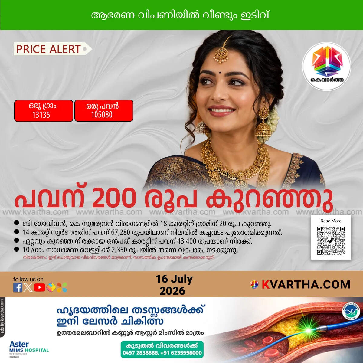 gold price kerala drop july 16 2026 sovereign rate