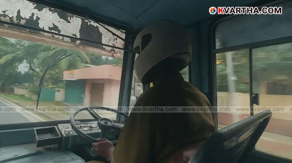 KSRTC driver wearing helmet during national strike in Kerala
