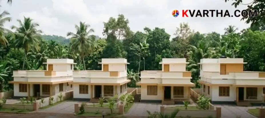 Conceptual image showing a retired couple happily presenting keys of newly constructed houses to families.