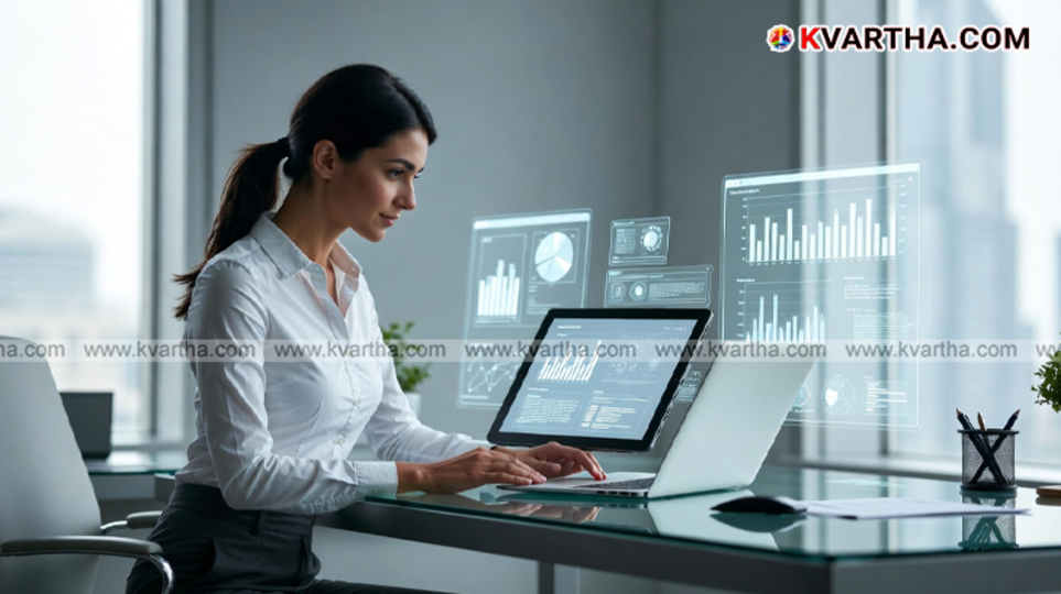 A business person using a tablet with digital charts and UAE dirhams in the background.