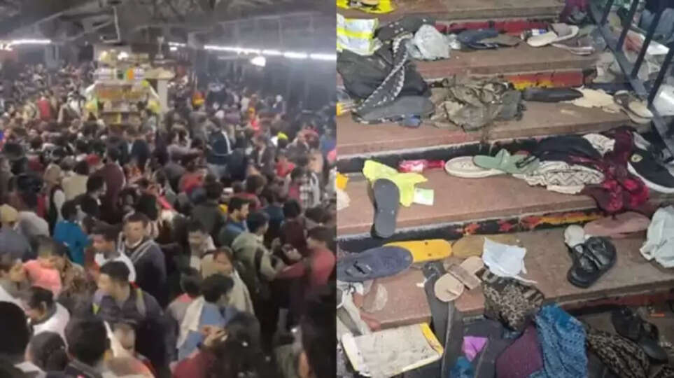 Crowded New Delhi Railway Station during Maha Kumbh Mela rush, showing the scene of the deadly stampede.