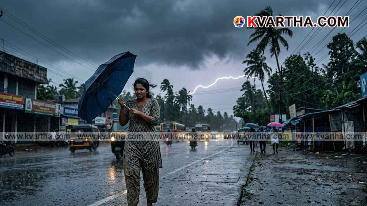 Heavy rain showers in a Kerala street.