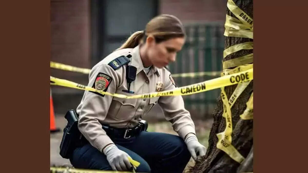A police officer investigating a crime scene with caution tape
