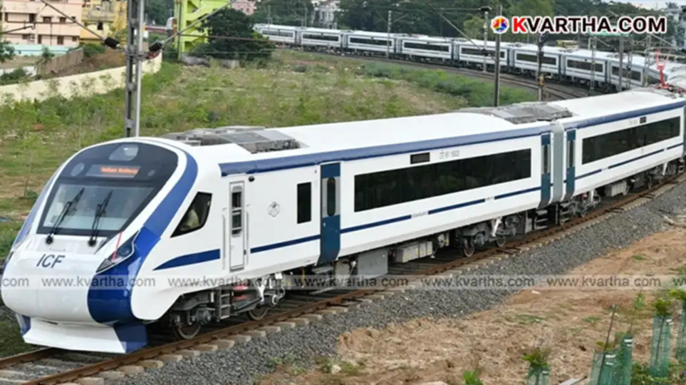 Vande Bharat Express train on tracks with devotees in the background.