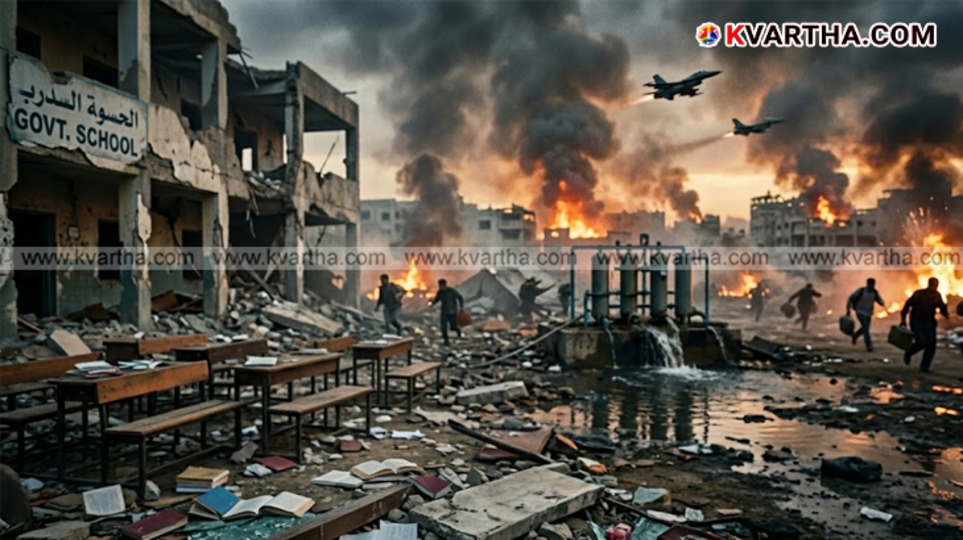 Smoke rising from targeted civilian infrastructure in the Middle East and a damaged school building in Iran.