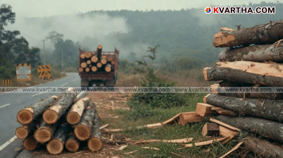 Stacked timber logs on the roadside in Kattappana.
