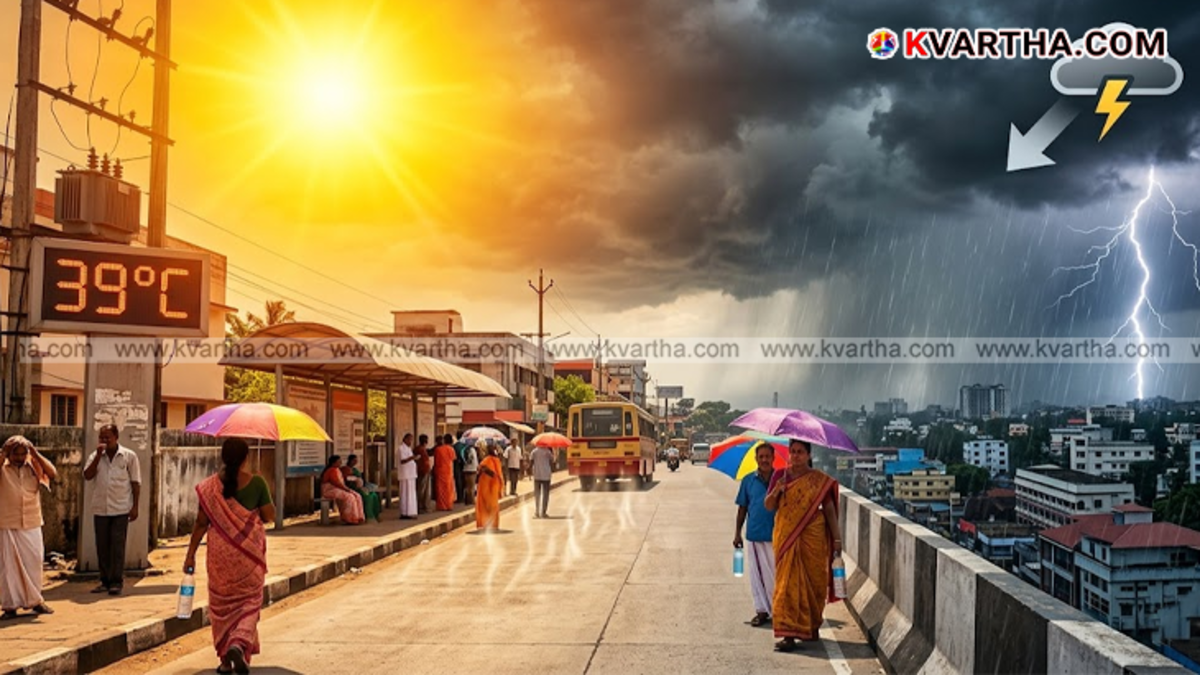 A symbolic scene representing the summer heat and rain accompanied by thunder and lightning in Kerala.