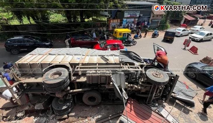 Overturned lorry on Kannur national highway after an accident.