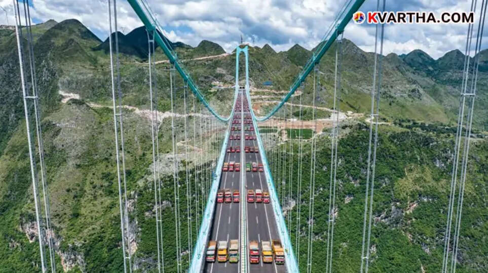 China's Huajiang Grand Canyon Bridge during a load test with heavy trucks.