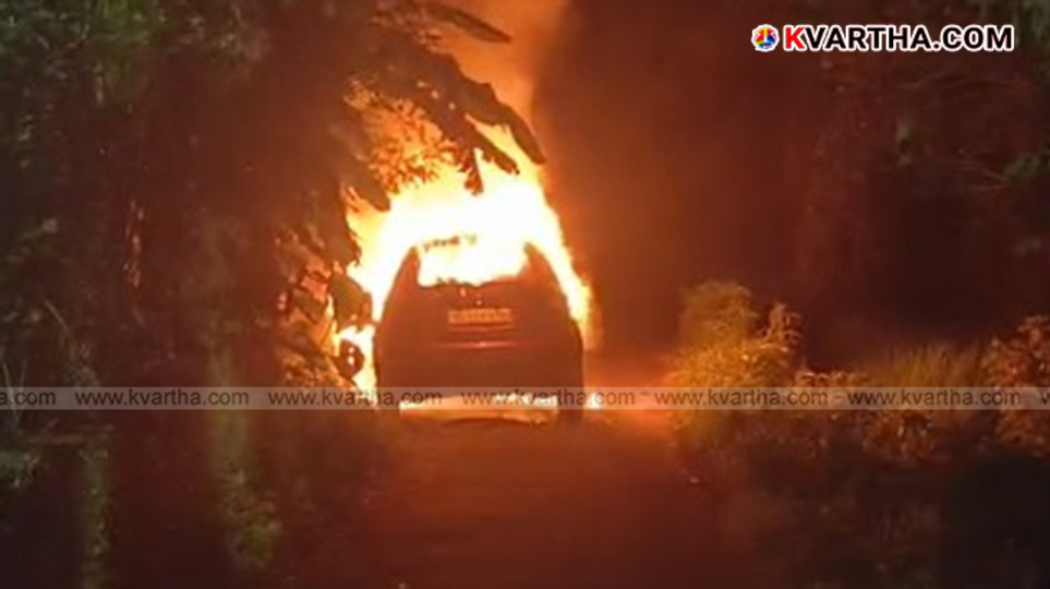 Maruti Ritz car engulfed in flames in Korom Central, Kannur.