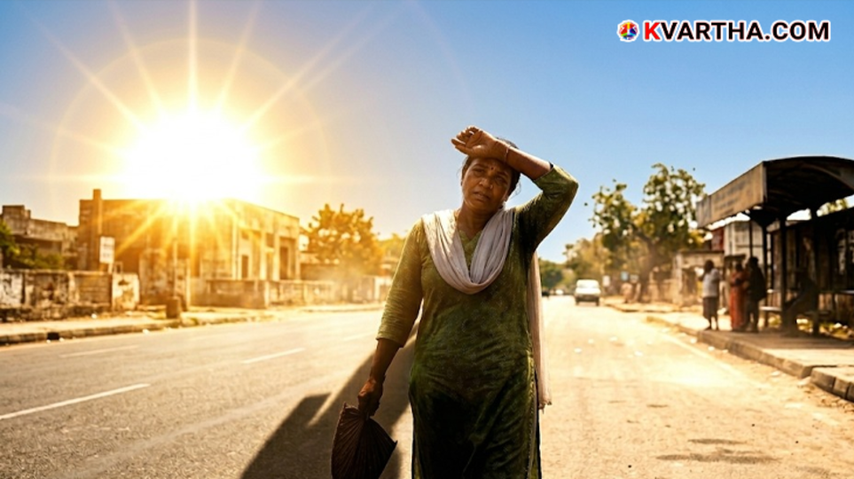 Intense sun over Kerala during summer 2026 with a heatwave warning icon.