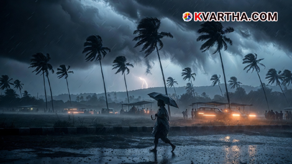 Vehicles navigating a waterlogged urban street in Kerala during heavy continuous monsoon downpour.