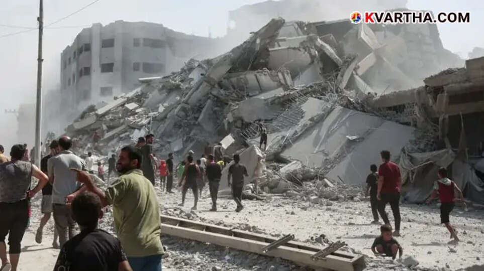 A street in Gaza City with buildings destroyed after Israeli airstrikes.