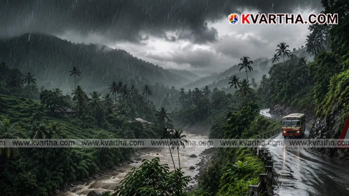 Conceptual image depicting heavy rain and monsoon alerts in Kerala