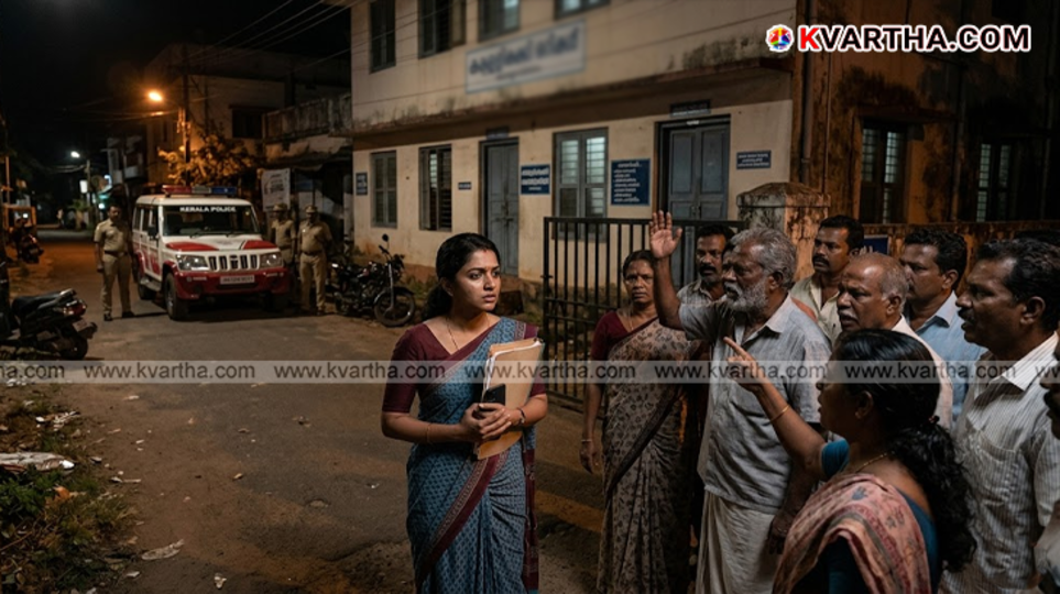 A symbolic scene of people protesting in front of the KSEB office against the power outage.