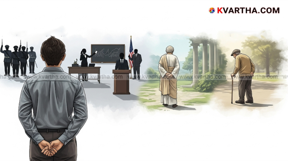 A person walking with hands clasped behind their back, a posture often associated with confidence and deep thought.