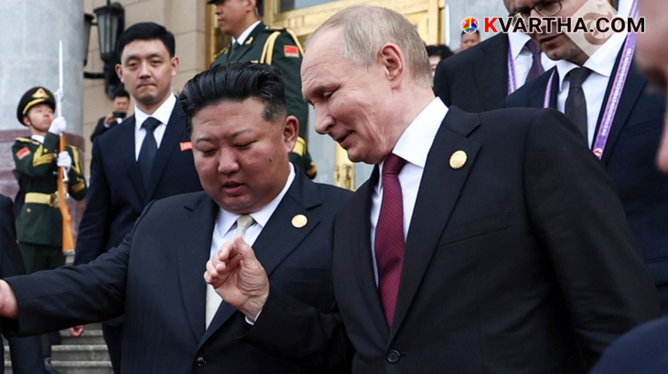 A meeting between Kim Jong Un and Vladimir Putin, symbolizing the diplomatic event and related security news.