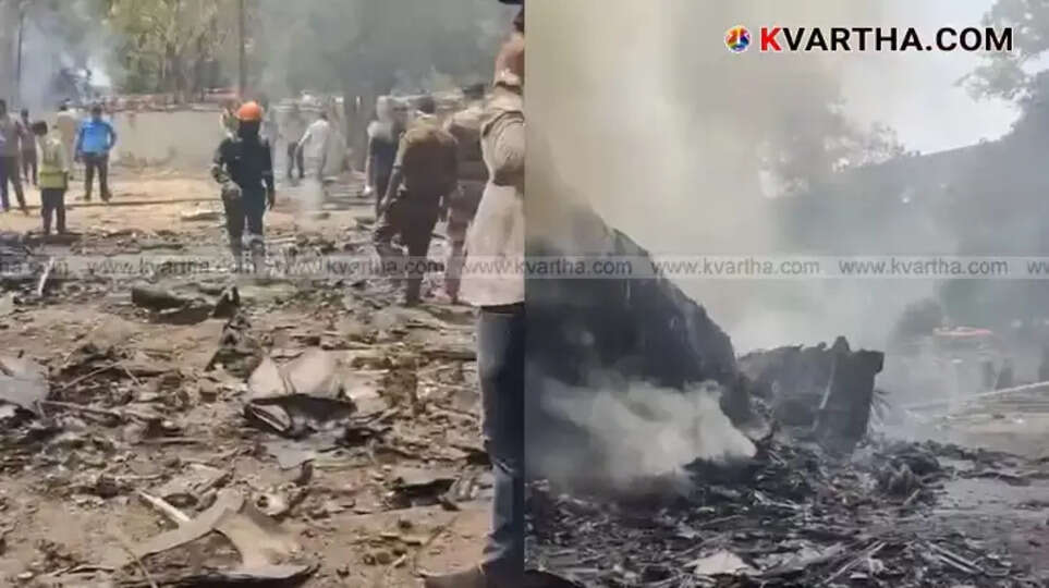 Rescue operations ongoing at the Ahmedabad plane crash site, with debris and emergency personnel visible.