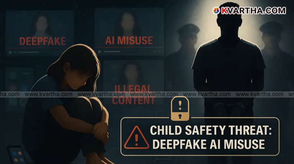 A young girl sits vulnerably amidst a dark digital backdrop of deepfake threats.