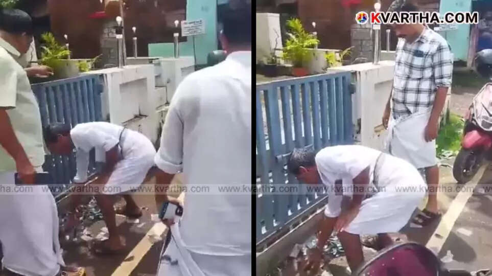 Congress workers cleaning up firecracker debris in front of CPM office in Thillankeri.