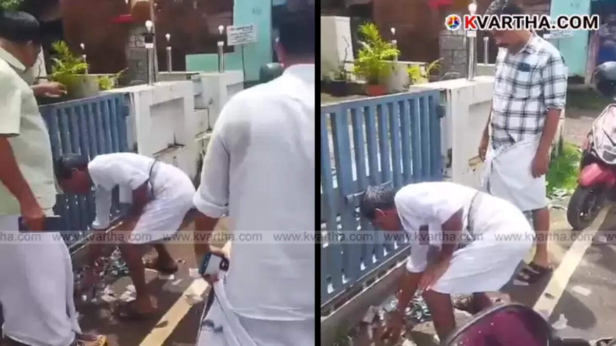 Congress workers cleaning up firecracker debris in front of CPM office in Thillankeri.