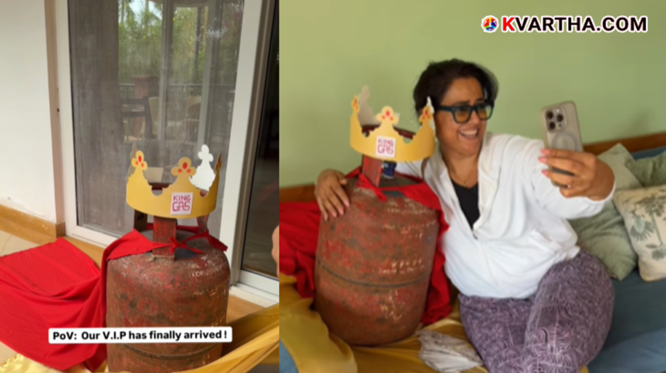 Actress Sameera Reddy posing with a crowned gas cylinder in a humorous video