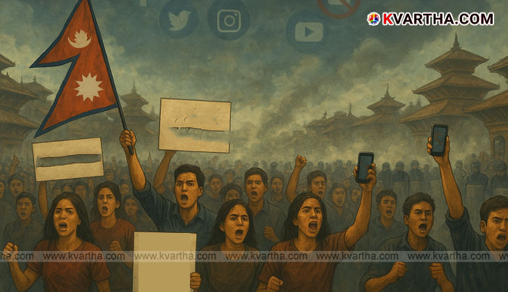 Image of youth protesters in Nepal with national flags.