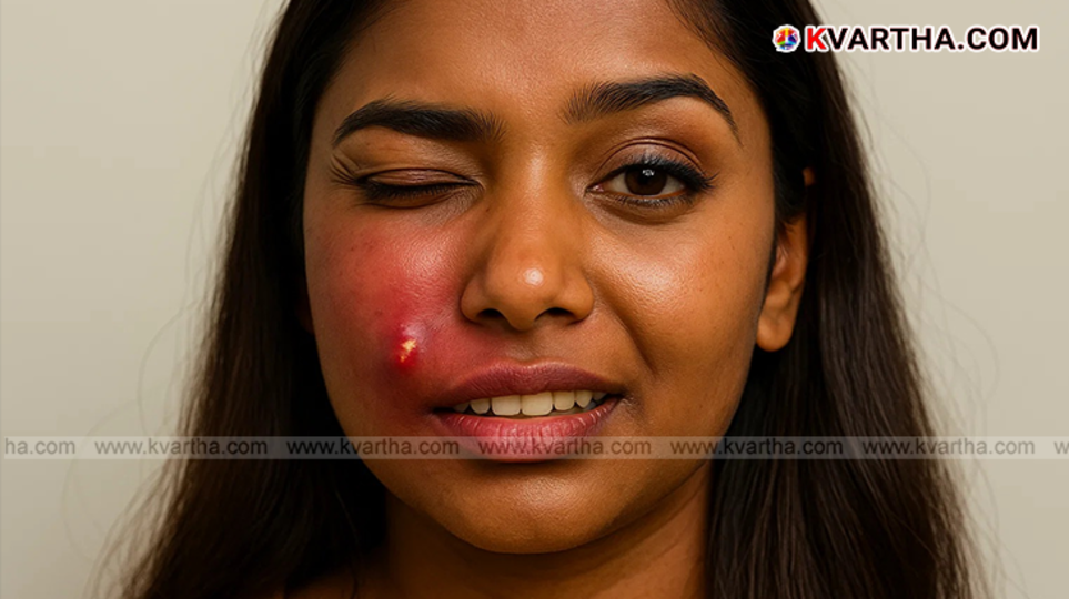 Woman with severe face swelling from pimple infection