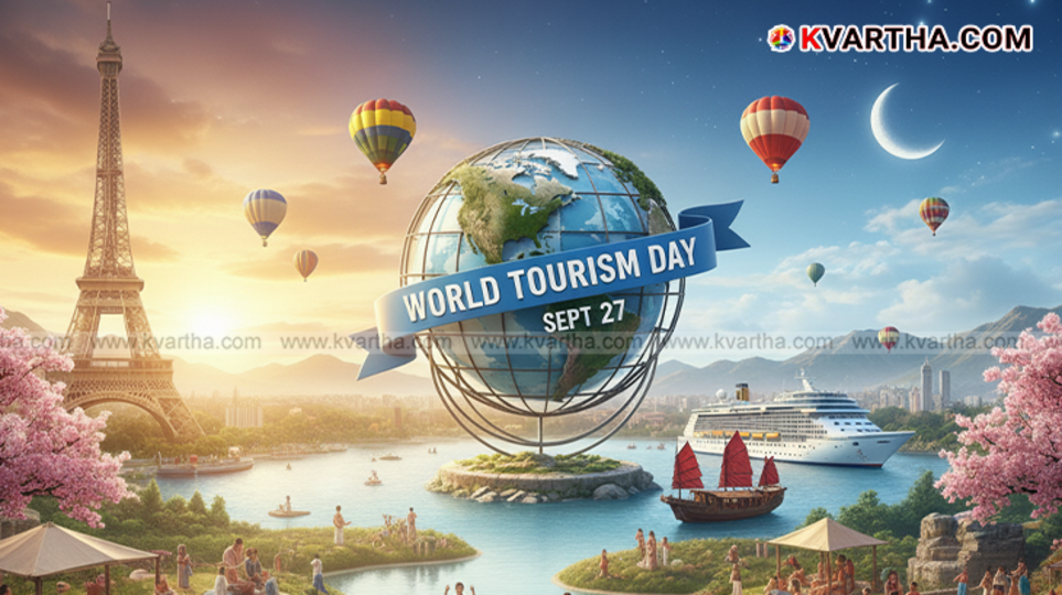 World Tourism Day graphic with a serene travel image.