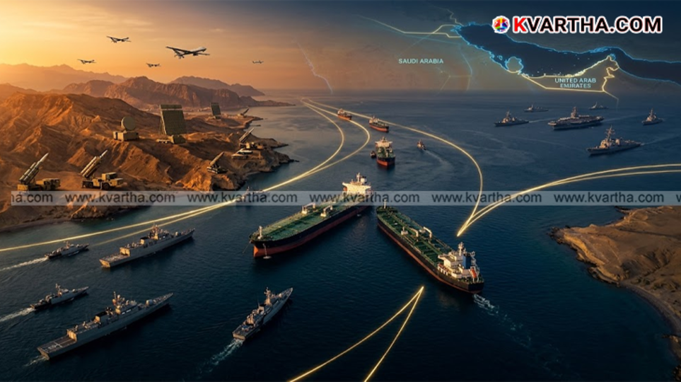 A symbolic view of the Strait of Hormuz and oil tankers.