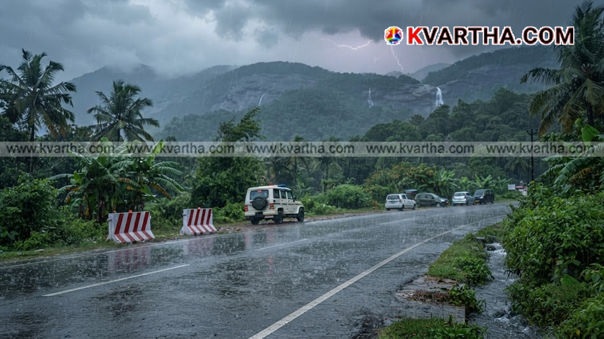  Heavy rain falling on a street in Kerala