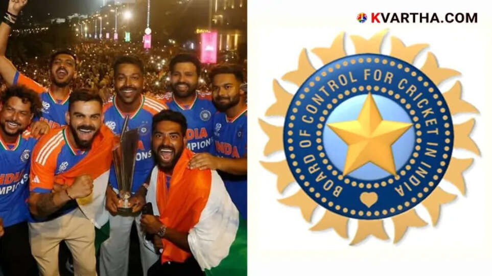 Indian National Cricket Team players celebrating with flag