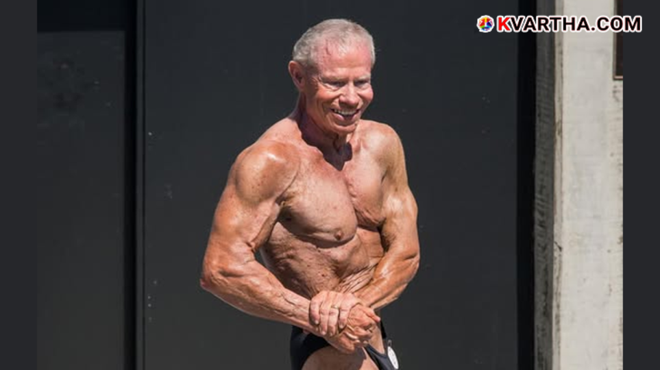 93-year-old bodybuilder Jim Arrington posing in a gym.