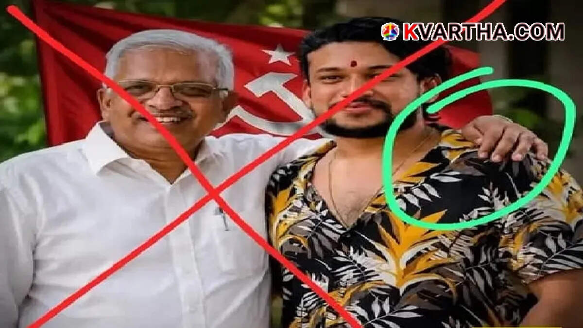 Conceptual image showing CPM leader P Jayarajan and a warning against fake AI image