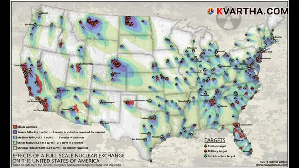 Nuclear attack map showing radiation exposure risks and areas affected in the US.
