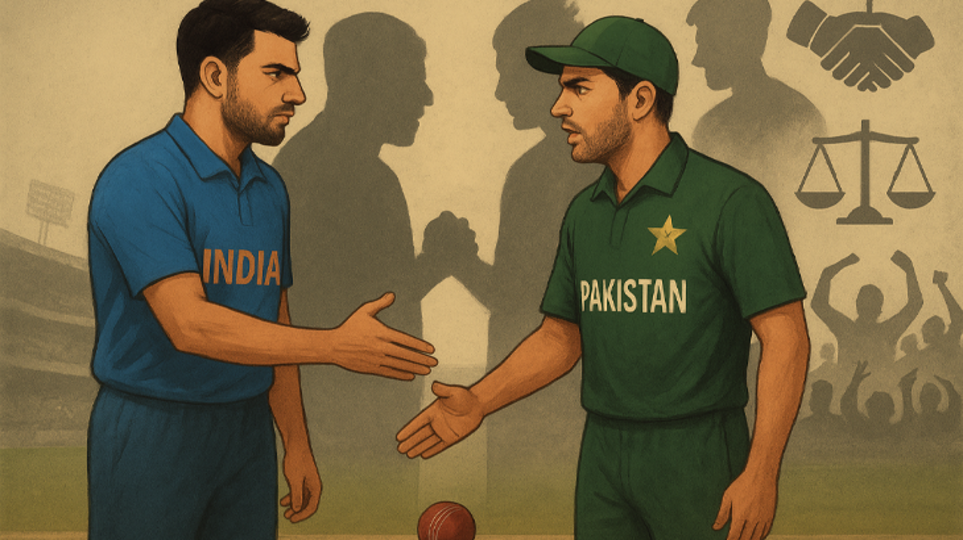 Indian and Pakistani cricket players after a match, showing a handshake refusal.