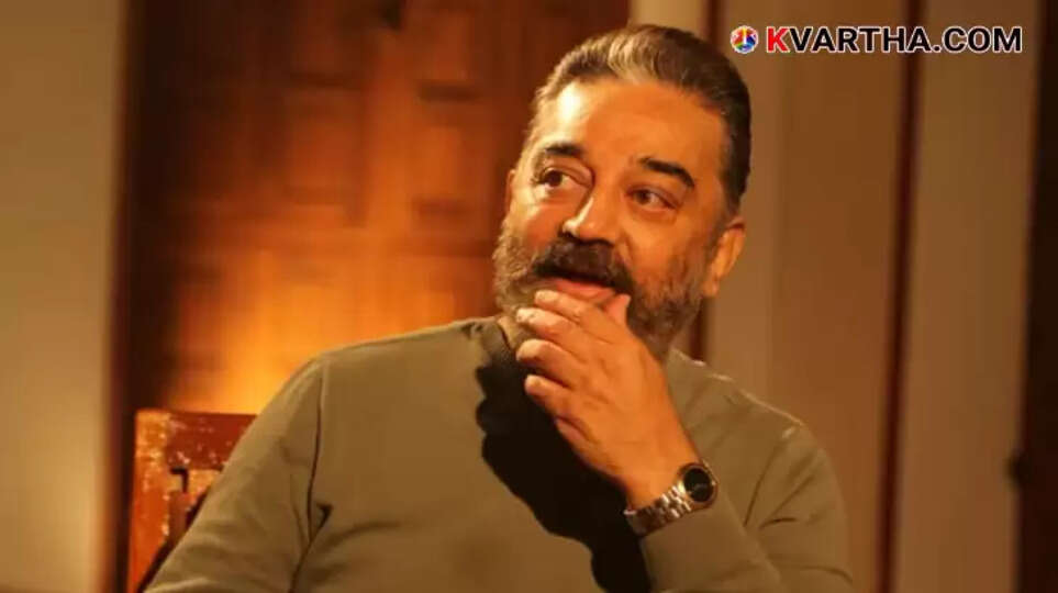 A close-up portrait of Kamal Haasan, appearing serious.