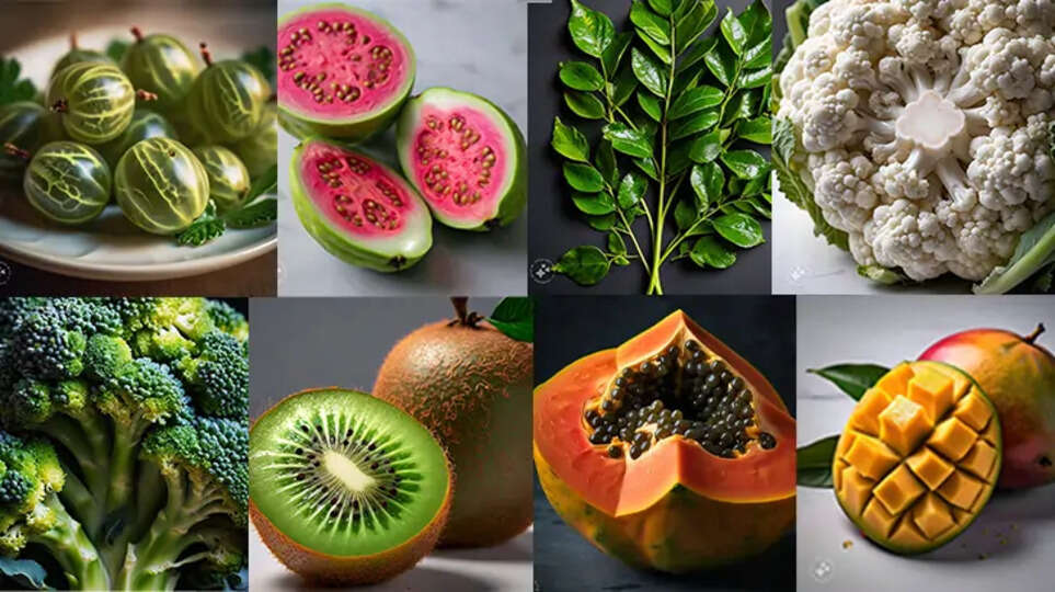 A collage of fruits and vegetables rich in vitamin C