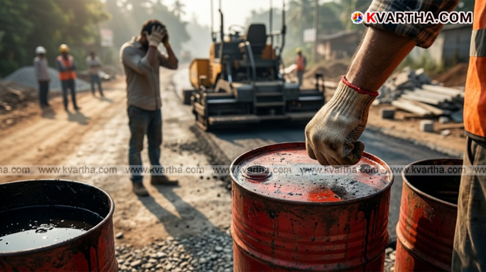 Workers laying bitumen on a Kerala road during construction.